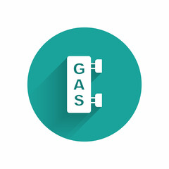 White Gas filling station icon isolated with long shadow background. Transport related service building Gasoline and oil station. Green circle button. Vector