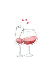 Fototapeta na wymiar Two glasses of red wine decorated with hearts - romantic date concept