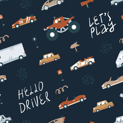 Seamless pattern small cars traffic isolated on dark background, flat style. Cute print, fabric, wallpaper. Vector illustration