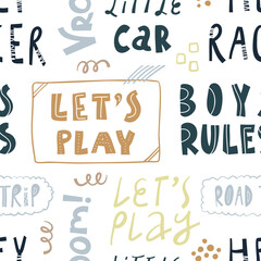 Seamless pattern kids lettering isolated on white background, flat style. Cute print, fabric, wallpaper. Vector cartoon phrases