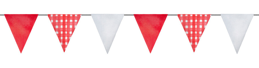 Water color illustration of seamless pennant bunting with red and white gingham checkered flags. Hand drawn watercolour painting, isolated elements for design, festival, special event, baby shower.