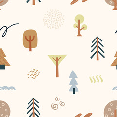 Seamless pattern various trees isolated on white background, forest abstract flat style. Cute print, fabric, wallpaper. Vector illustration