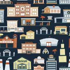 Seamless pattern big city isolated on dark background, houses and buildings flat style. Cute print, fabric, wallpaper. Vector  illustration