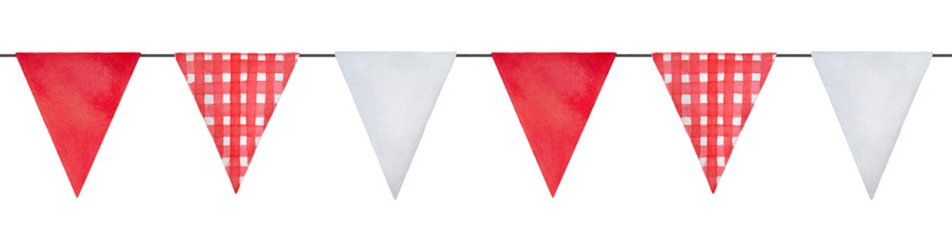 Water color illustration of seamless pennant bunting with red and white gingham checkered flags. Hand drawn watercolour painting, isolated elements for design, festival, special event, baby shower.