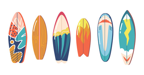 Surfboards of Vintage Colors and Styles. Surfdesks with Fire, Sea Wave, Shark, Flash and Abstract Pattern, Shortboards