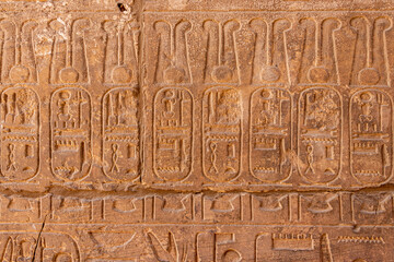 Detail of carved hieroglyphs on the Columns of the Karnak temple of Luxor, Egypt