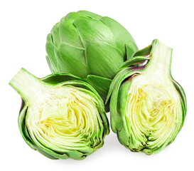 Fresh Artichoke isolated on white background. Raw Artichok  Top view. Flat lay..