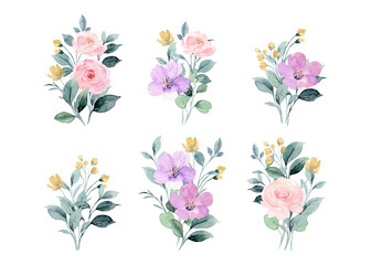 Set colorful watercolor floral bouquet