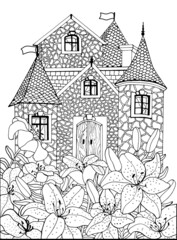 Сoloring book for adults and children with a medieval castle and lily