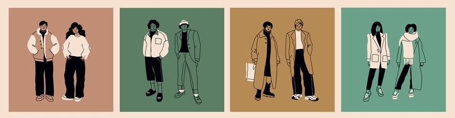 Street fashion look. Young men and women dressed in stylish trendy oversized clothing. Couples standing in various poses. Korean japanese asian cartoon style. Hand drawn square Vector illustrations