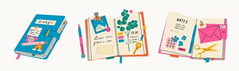Notebooks, Organizers for to do lists, personal plans, goals. Diary with stick notes, bookmarks, stickers, envelope, pencil, pen, scissors. Set of three isolated Hand drawn modern Vector illustrations