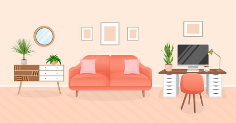 Modern interior for home office with computer, cabinet, remote work, freelancing, education. Workplace with houseplants. Vector illustration in flat cartoon style. Comfortable workplace and apartment.