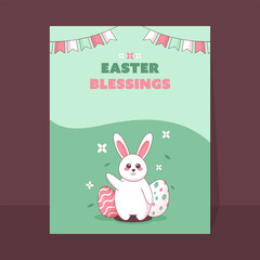 Easter Greeting Card Or Flyer Design With Cartoon Bunny, Painted Eggs, Flowers And Bunting Flags On Green Background.