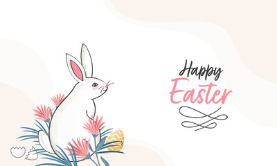 Happy Easter Banner Design With Doodle Rabbit Sitting, Eggs And Floral On White Background.