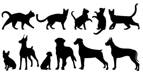 collection of cats and dogs set silhouette, on white background, vector, isolated