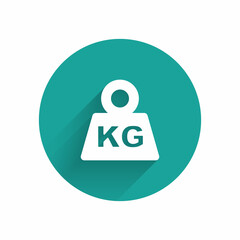 White Weight icon isolated with long shadow background. Kilogram weight block for weight lifting and scale. Mass symbol. Green circle button. Vector