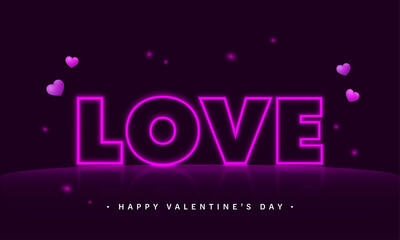 Neon Love Font With Hearts And Lights Effect On Purple Background For Happy Valentine's Day Concept.