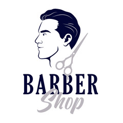 Silhouette of a man's face in profile and scissors icon. Logo for a barbershop.