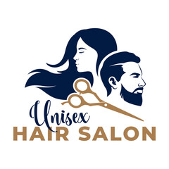 Icon man, woman, and scissors. Unisex hair salon logotype. - obrazy, fototapety, plakaty