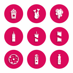 Set Paper glass with drinking straw and water, Doner kebab, Bottle of, Soda can, Pizza, Sauce bottle, Sandwich and Popcorn cardboard box icon. Vector