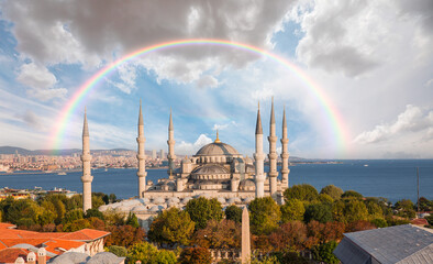 Aerial view of The Blue Mosque with amazing rainbow - Istanbul Turkey 
