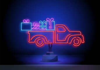 Christmas tree in truck neon sign. Fir, tree, New Year. Night bright advertisement. Vector illustration in neon style for banner, billboard
