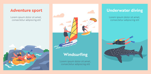 People Extreme Summer Water Sports Activity Cartoon Banners. Windsurfing, Fly Board, Jet Ski and Diving with Shark