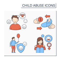 Child abuse color icons set. Sexual abuse, kid trafficking, protective services, emotionality. Crime concept. Isolated vector illustrations - obrazy, fototapety, plakaty
