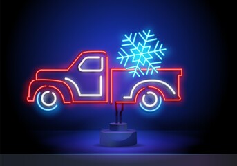 Christmas tree in truck neon sign. Fir, tree, New Year. Night bright advertisement. Vector illustration in neon style for banner, billboard