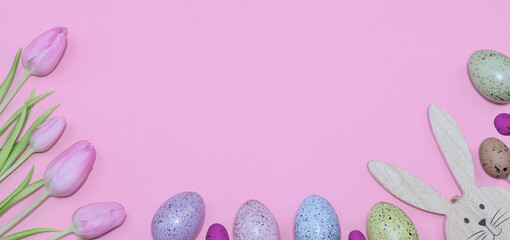 Easter Eggs and tulips.Easter holiday background 