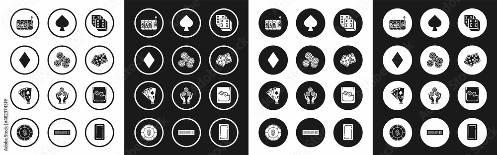 Sticker Set Game dice, Casino chips, Playing card with diamonds symbol, Slot machine, spades, Glass of whiskey and cubes and Hand holding playing cards icon. Vector