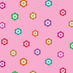1970s groovy retro floral seamless pattern in red, orange, purple , yellow on pink background. Great for textile, fabric and  fashion print 