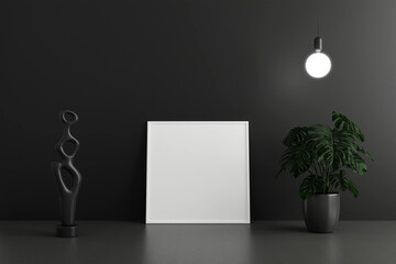 Minimalist and clean square white poster or photo frame mockup on the floor leaning against the dark room wall with pots and decoration