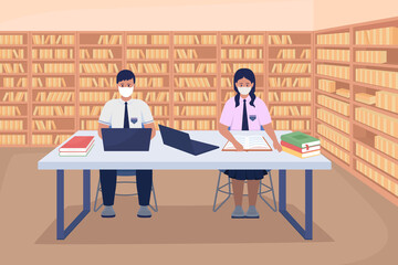 Students in library flat color vector illustration. Boy and girl learning for lessons. Pupils in school uniforms studying after classes 2D cartoon characters with bookcases row on background