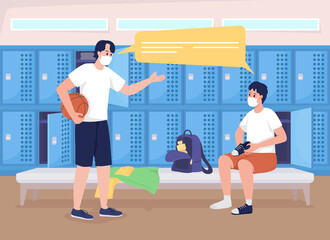 Boys changing for gym flat color vector illustration. Athletes speaking before P.E. lesson. Students in physical class uniforms talking 2D cartoon characters with lockers row on background