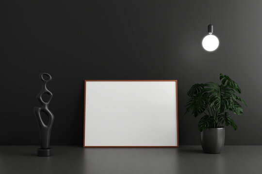 Minimalist and clean horizontal wooden poster or photo frame mockup on the floor leaning against the dark room wall with pots and decoration