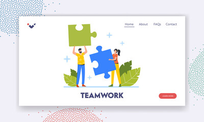 Teamwork Landing Page Template. Office People Work Together Setting Up Colorful Separated Puzzle Pieces, Cooperation