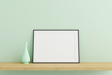 Horizontal black poster or photo frame mockup on wooden table in living room interior with vase. 3D rendering.