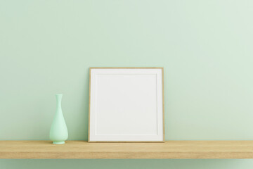 Square wooden poster or photo frame mockup on wooden table in living room interior with vase. 3D rendering.