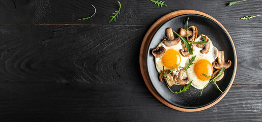 Keto, paleo breakfast scrambeld eggs with mushrooms, banner, catering menu recipe place for text, top view