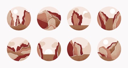 Natural modern landscape. Japan landscapes, asia retro scenes. Boho style badges, creative mountain and sunrise. Art graphics, swanky vector collection