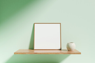 Minimalist square wooden poster or photo frame mockup with vase on a wooden shelf