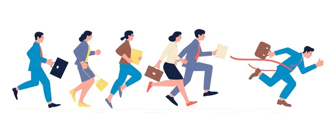 Business run competition. Corporate racing, office running to money. Managers race, runners to success in suits. Corporation team recent vector people characters