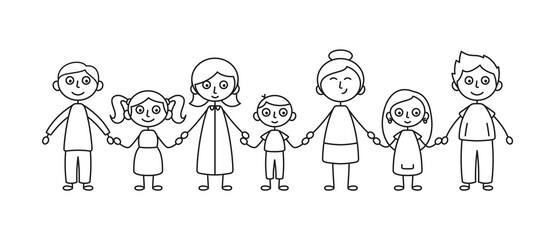 Vector simple black line drawing of children holding hands. Isolated on white background.