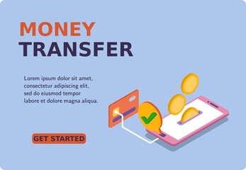 Money transfer banner and website. Mockup mobile phone and credit card with coins. Safe transfer of money to the card. 3d isometric vector illustration. Popular flat colors.