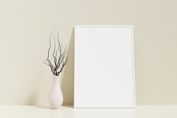 Minimalist and clean vertical white poster or photo frame mockup on the floor leaning against the room wall with vase
