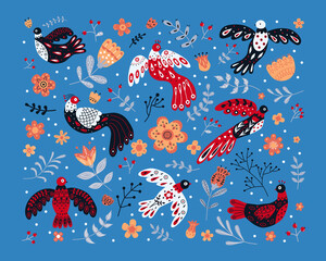 Vector collection of various birds, flowers and leaves with different folk ornaments. Set in scandinavan style. Ethnic flat illustration with nordic detailed in trendy colors