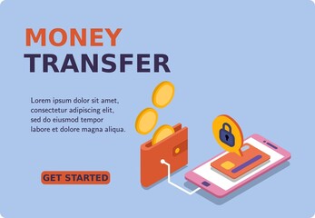 Money transfer banner and website. Mockup mobile phone and wallet with coins. Safe transfer of money to the card. 3d isometric vector illustration. Popular flat colors.