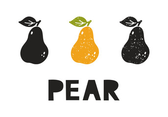 Pear, silhouette icons set with lettering. Imitation of stamp, print with scuffs. Simple black shape and color vector illustration. Hand drawn isolated elements on white background