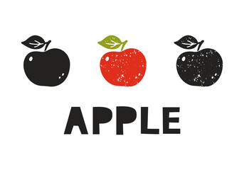 Apple, silhouette icons set with lettering. Imitation of stamp, print with scuffs. Simple black shape and color vector illustration. Hand drawn isolated elements on white background - 482376158